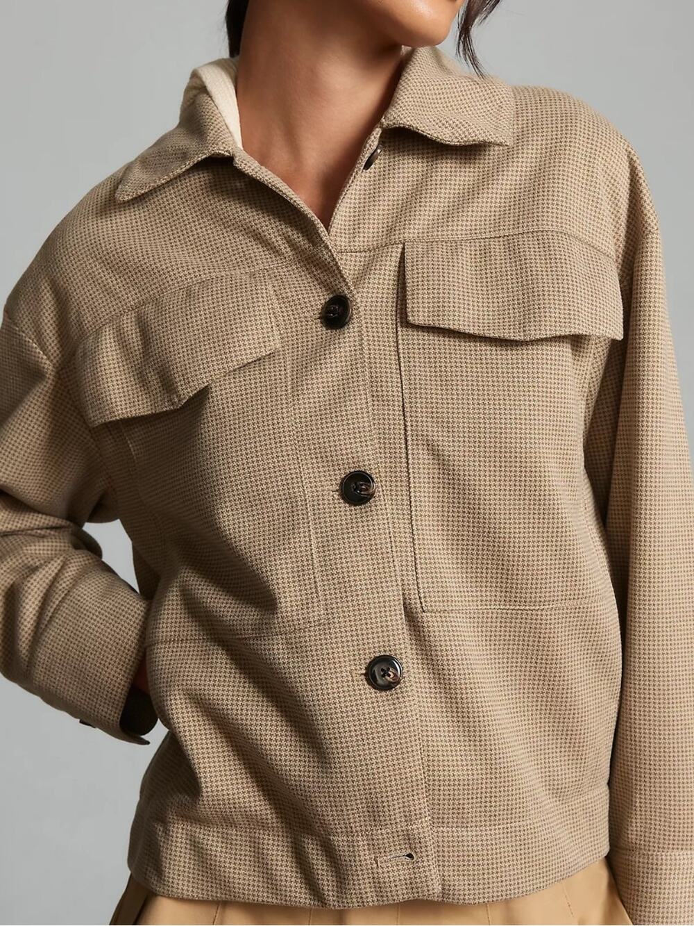 Maeve Anthropologie Tan Houndstooth Knit Trucker Jacket size XXS